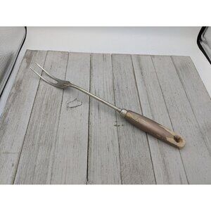 Vintage EKCO Halo Solid Meat Utility Fork Gold Wood Handle 12 3/4"